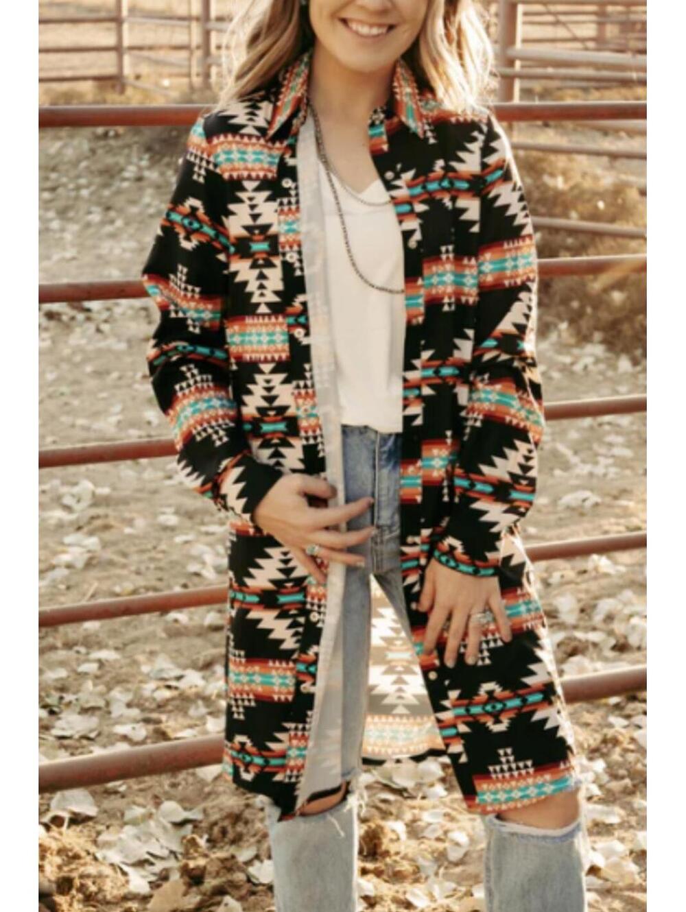Sterling Kreek Long Sleeve Button-Up Dress with Geometric Pattern Size XS